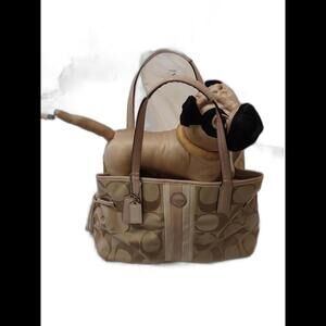 COACH SIGNATURE STRIPE CARRYALL PINK AND LIGHT BEIGE TAN LOGO PURSE